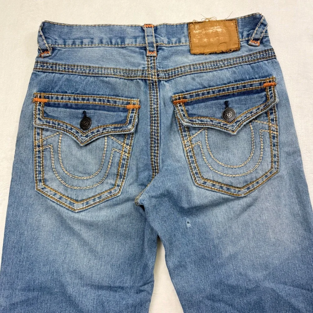 True Religion Ricky Straight Leg Jeans Mens 34x32 Made in USA Light Wash Blue